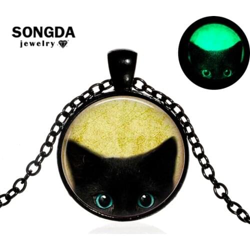 SONGDA Newest Luminous Big Eye Black Cat Necklace Glass Cabochon Pendant Glow In The Dark Jewelry Long Necklace Choker Halloween