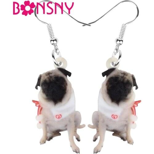 Bonsny Acrylic Christmas Scarf Pug Dog Earrings Drop Dangle Animal Jewelry For Women Girls Teen Charms Gift Decoration Accessory