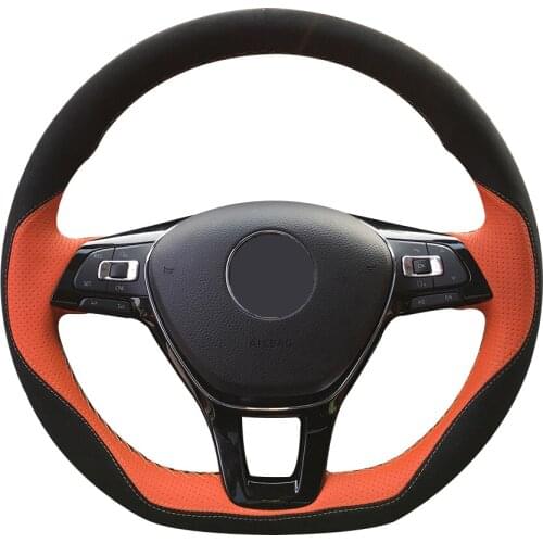 Black Suede Orange Leather Steering Wheel Cover for Volkswagen VW Golf 7 Mk7 New Polo Jetta Passat B8 Tiguan Sharan Touran Up