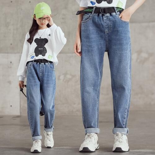 Teen Girl Jeans High Waisted New Spring Autumn Pants with Belt Childrens Loose Korean Denim Pants Casual Style Trousers Clothes