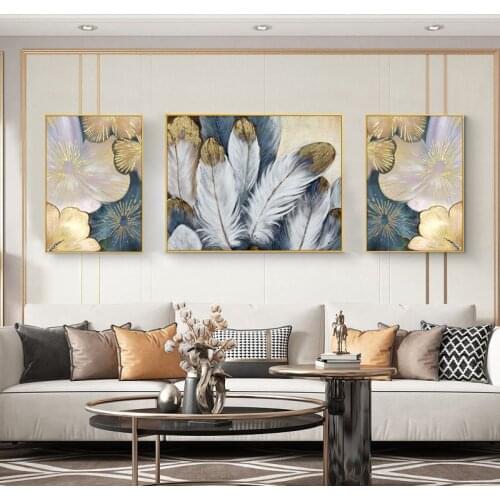 EECAMAIL DIY Feather Peony Flower Gold Leaf Luxury Triptych Diamond Painting Background Wall Decoration Painting No Frame