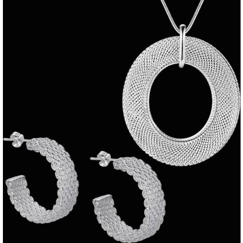 Hot 925 sterling Silver Fine Mesh Pendant necklace earrings stud for woman Fashion Party wedding Holiday gifts Jewelry set