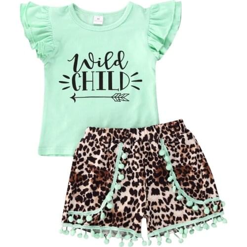 Baby Girl Summer Shorts Suit Flying Sleeve Letter Print T-shirt + Leopard Print Shorts Casual Loose Style Outfits 2020 New Sale