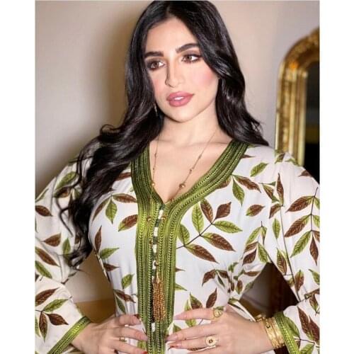 Muslim Arabic Dress for Women 2021 Ribbon V Neck Long Sleeve Leaves Print Moroccan Kaftan Duabi Clothing Green HB614