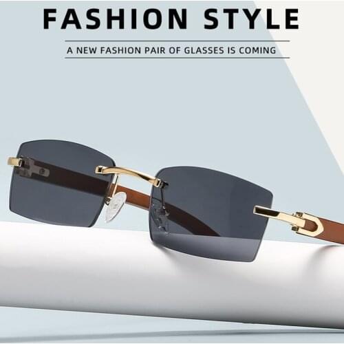 Mens and womens classic square rimless sunglasses, wooden frame, rectangle, small lenses, driving, UV400