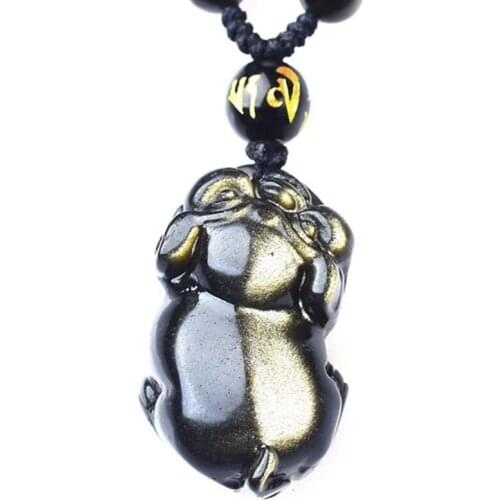 Natural Gold Obsidian Pig Necklace Pendant Gold Pig Key Chain Jade Pendant Chinese Zodiac With Chain Jade Jewelry