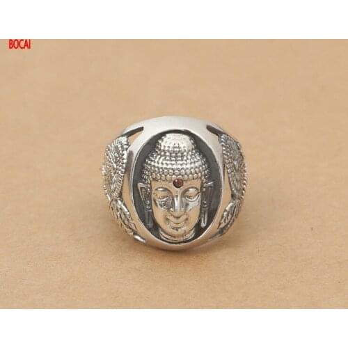 Real S925 Sterling Silver Fashion Ring Thai Silver Shakyamuni Bodhisattva Head Flower Wide Face Mens Ring