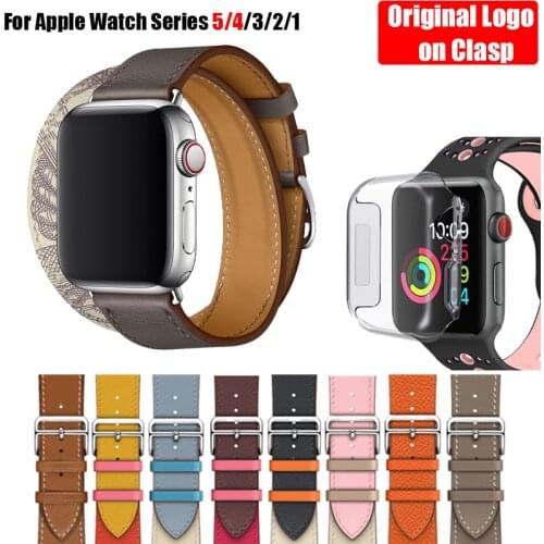 Herm Logo Swift Leather Double Tour Watch Band Strap for Apple Watch Series 5 4 3 2 1 44MM 40MM Replacement for iWatch 42MM 38MM