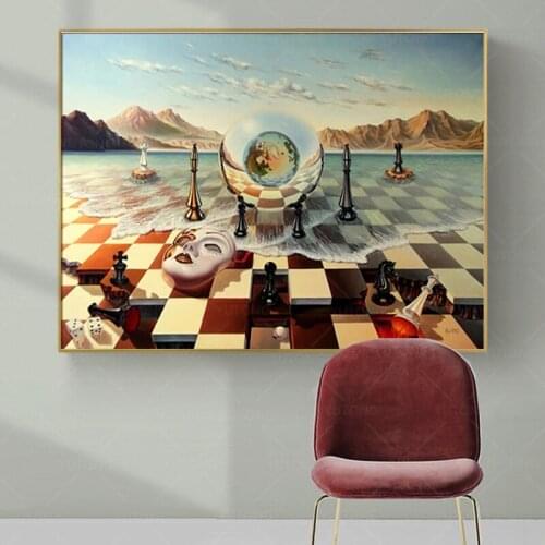 Salvador Dali Surrealism Chess Mask On Sea Canvas Prints Painting On Wall Art Abstract Weird Posters Picture Home Decor Cuadros