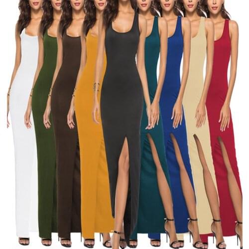 Boho Vest Dress Solid Color Scoop Neck Sexy Low Cut Dress Sleeveless Sukienka Milk Silk Slip Front Thigh Slit Dress Women 3xl