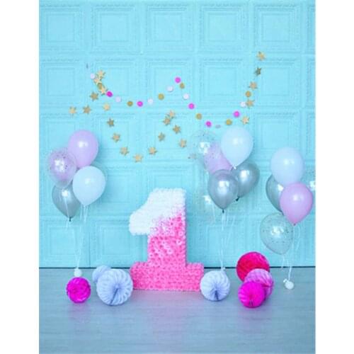 TR Photograpgy Backgroud Blue Wall Pink Flower Candle 1st Baby Birthday Backdrop Silver Balloons Photo Backdrop for Kids /Baby