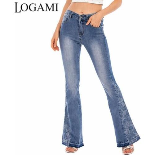 LOGAMI Embroidered Casual Wide-leg Flared Pants Trousers Embroidery Flower Jeans Women Vintage Jeans