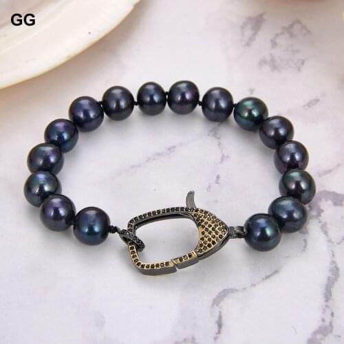GuaiGuai Jewelry 8" 9-10mm Natural Black Pearl Bracelet CZ Clasp