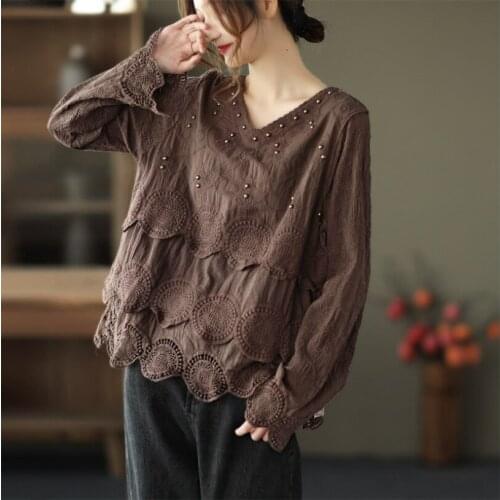 Spring Autumn Tshirts Women Fashion Lace Embroidered Flares Loose V-Neck Collar Female Tide Tops Cotton