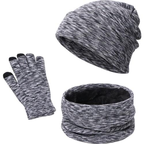 Women Men 3 Pieces Winter Warm Beanie Hat Circle Scarf Touch Screen Gloves Set Colorful Knitted Plush Lined Skull Cap