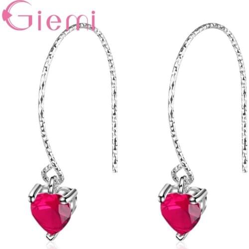 Red Crystal Drop Earrings for Women Eleant Sweet Heart Shape Girls Pure 925 Sterling Silver Fashion Jewelry Hot Sale