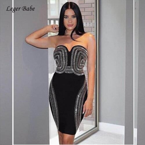 Leger Babe HL Sexy Fashion Sleeveless Beading Strapless Women Bodycon Bandage Dress Nightclub Party Mini Slim Dresses Wholesale