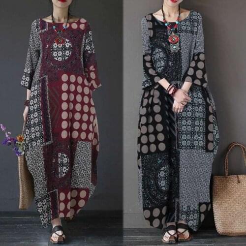 Urbano Casual Womens Dresses Slim Robe African Long-Sleeved Clothing Autumn 2021 New Retro Printed Round Neck Loose Long Skirt