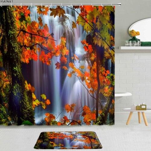2Pcs Natural Scenery Shower Curtain Waterfall Forest Mountain Maple Leaves Non-Slip Bath Mat Hanging Curtains Decor Bathroom Set
