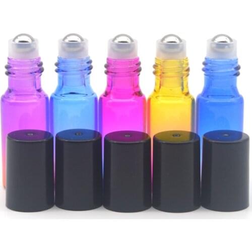 50pcs Empty 5ml Glass Roll-On Bottle For Essential Oil Perfume Sample Gradient Colorful Roller Container Black Cap