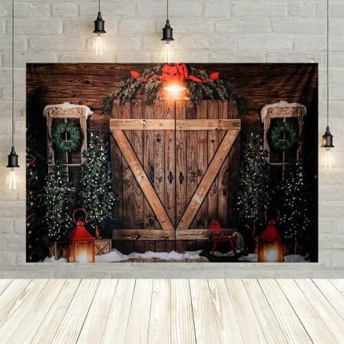 Avezano Brown Wood Door Christmas Tree Photography Backdrop Wreath Flash Light Children Portrait Photo Background Photozone Prop