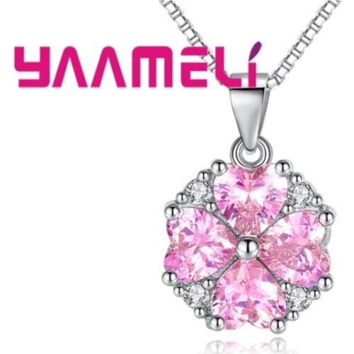 Solid 925 Sterling Silver Necklace Beautiful Pink Heart Flowers Shape Cubic Zirconia Pendant For Women Ladies Crystal