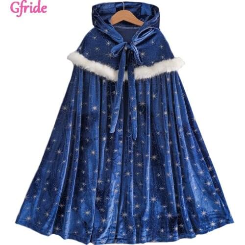 Baby Girls Snow queen Velevt Sequins Hooded Long Cape For Kids Cloak Costume Children Dress Up Jacket Kids Coat 3-10 Years Blue