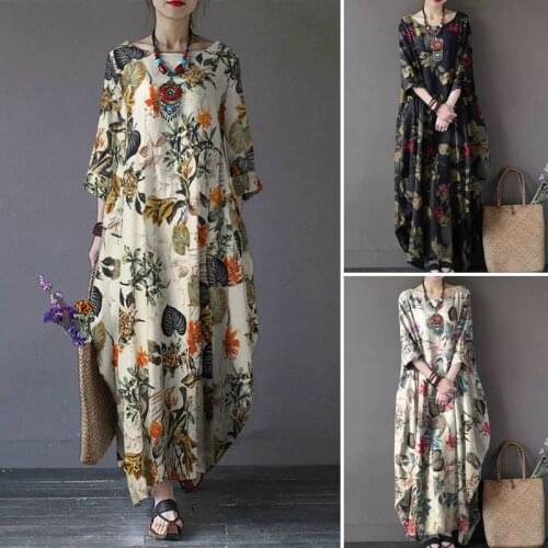 ZANZEA Vintage Printed Maxi Long Dress Women Sundress Casual Long Sleeve Kaftan Dresses Female Baggy Floral Vestidos 7