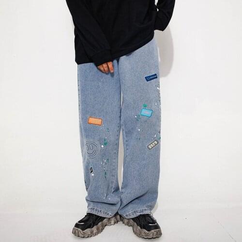 EukaaRu Smiling Face Print Baggy Jeans Hip Hop Mens Elastic Waist Wide Leg Pants Harajuku Fashion Women Loose Straight Pants