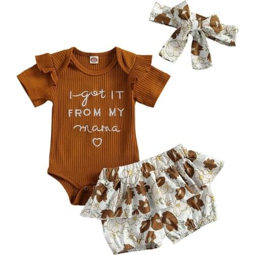 Newborn Baby Girls 3-piece Outfit Set Short Sleeve Letter Print Romper+Floral Print Shorts+Headband Set
