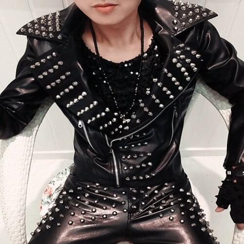 Punk Locomotive Slim Embroidery Non-mainstream Rock Male Singer Costume Rivet Leather Leather Pants Suit Performance Costume