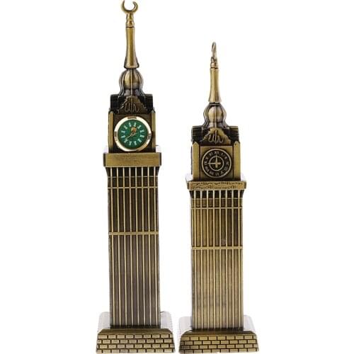 Retro Metal Mecca Tower Statue w/ Clock Building Figurine Model for Home Decor Bars Cafes Restaurants Wedding Party Ornament