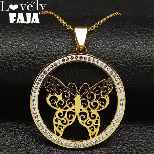 Fashion Butterfly Crystal Stainless Steel Choker Necklace for Women Gold Color Chain Necklace Jewelry pendentif K77540B