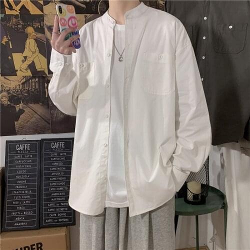 Plus Size 5XL-M Autumn New Stand Collar Front Pockets Long Sleeve Oversized Shirts Men Clothing Simple 100% Cotton Chemise Homme