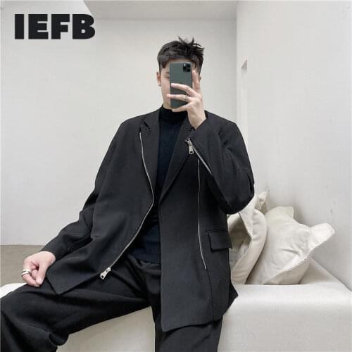 IEFB spring fashion zipper black white causl suit coat for men loose oversized blazers design 2021 tide new clothes tops 9Y4730