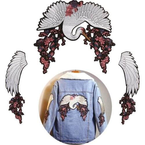 Red-crowned Crane Embroidery Patches Flower Wings Iron on T-Shirt Jackets Coats Sew on Fabric Clothes Birds Eagle Appliques
