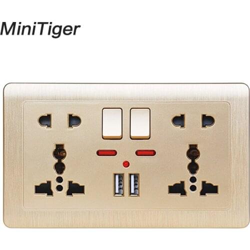 Minitiger Gold Wall Power Socket Double Universal 5 Hole Switched Outlet 2.1A Dual USB Charger Port LED indicator 146mm*86m