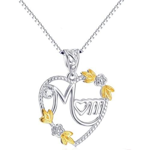 Real 925 sterling silver heart Crystal CZ Stone Mother Pendants Necklaces for Monthers Day Gift Jewelry With Chain