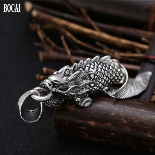 BOCAI new 100% real s925 pure silver jewelry retro creative fish dragon pendant Thai silver good luck pendant for men and women