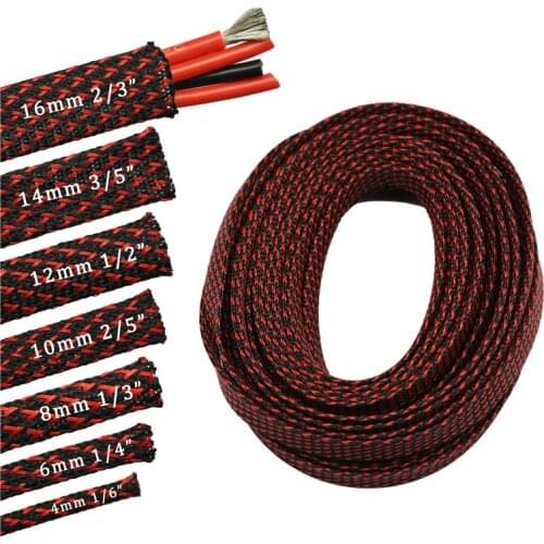 33ft-10m Black Red 4 6 8 10 12 14 16mmBraid PET Expandable Sleeving High Density Plaited Cable Sleeves Fabric Cable DIY