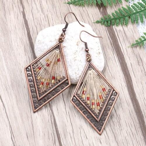 Retro India Boho Ethnic Geometric Thread Dangle Drop Earrings with Beads for Women Female 2018 Wedding Party Jewelry Accessories
