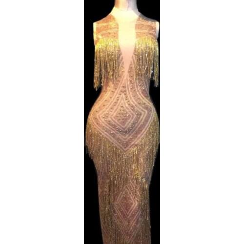Sparkling Gold Rhinestone Tassel Evening Party Dress Women Sexy Sleeveless Prom Bodycon Dress Singer Long Dress Performance Wear