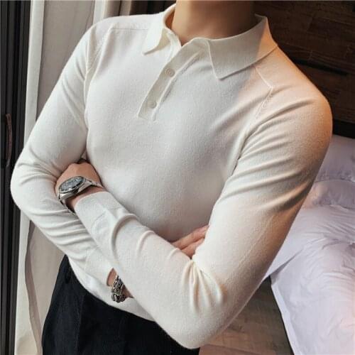 High Quality Turn Down Collar Sweater Men Clothing Fashion 2020 Solid Long Sleeve Knitted Pullovers Slim Fit Casual Pull Homme