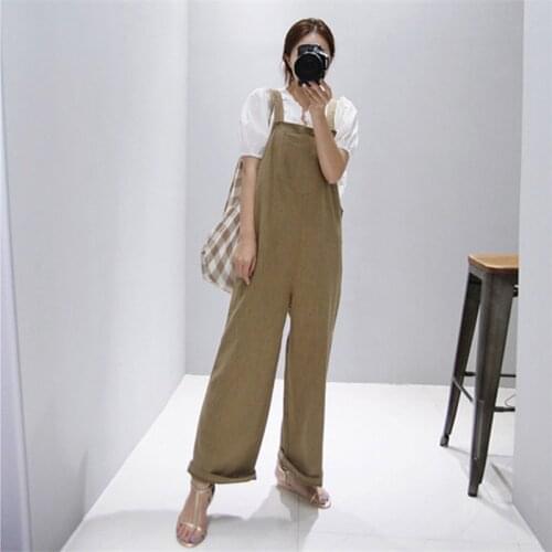 Johnature New Korean Solid Color Loose Women Jumpsuits 2021 Summer Sleeveless Strap Big Pockets Ankle-length Bodysuits