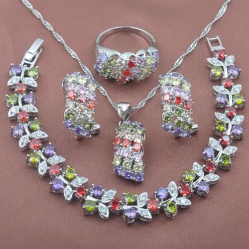 2020 New Silver Color Womens Party Jewelry Sets Multicolor Stone Crystal Bracelet Necklace Pendant Earrings Ring YZ0285