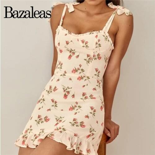 Bazaleas Chic Party Slim Chiffon Ruffles Vestidos Vintage Adjust Spaghetti Straps Women Dress Summer Floral Print Dresses