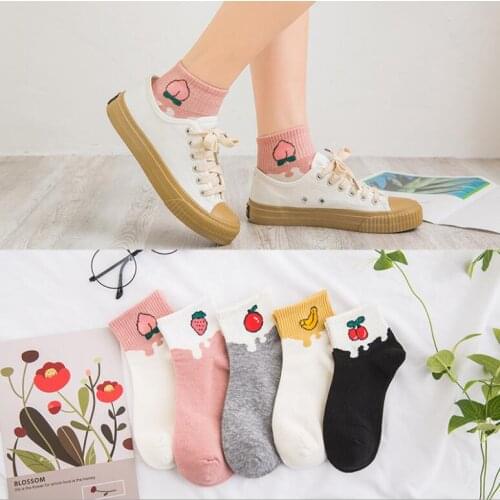 10 Pairs Spring Summer Cotton Kawaii Cute Funny Socks Women Calcetines Mujer Ladies Furits Printed Woman White Short Ankle Socks