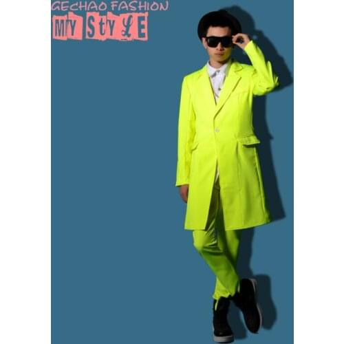 2020 Mens slim Fashion Plus size Blazer male singer dance neon lemon yellow Fluorescent green costume suit top formal Men dress