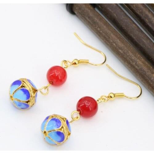 Free shipping gold-color antique cloisonne jades long drop earrings elegant women dangle earrings for celebration gifts B2613