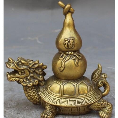 Bi002042 13CM China Bronze Fengshui Folk Longevity Dragon Tortoise Turtle Calabash Statue